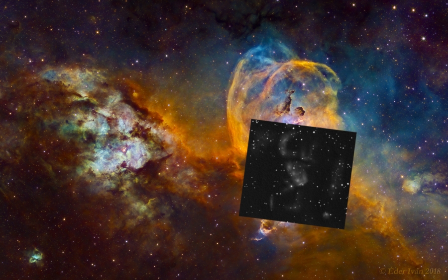 My NGC 3582 nebula complex drawing fitted to Iván Éder's photograph.